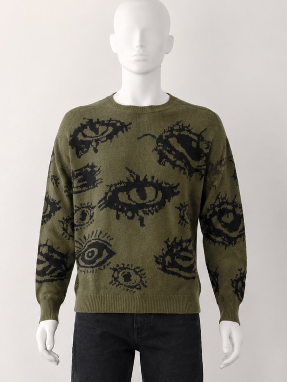 Romwe Rare Y2K Gothic Eye Print Olive Green Crewneck Sweater Medium